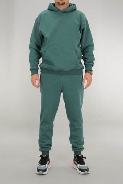 Souris Men's Petrol Green Tracksuit Set Relaxed Fit 3 Thread Fleece-Lined Hooded Drawstring Ribbed Waist