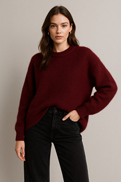 Rich Women's Burgundy Soft Textured Basic Long Sleeve Knitwear Sweater