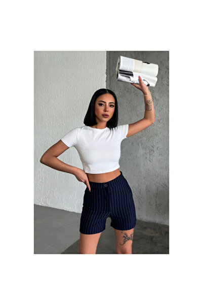 byhodi High Waist Crepe Flexible Grass Striped Shorts Offering Elegance and Elegance Together Navy Blue