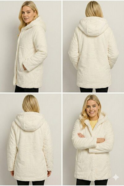 Sibel Günay Butik Women's Hooded Plush Ecru Coat | Lined – with Pockets – Snap Closure