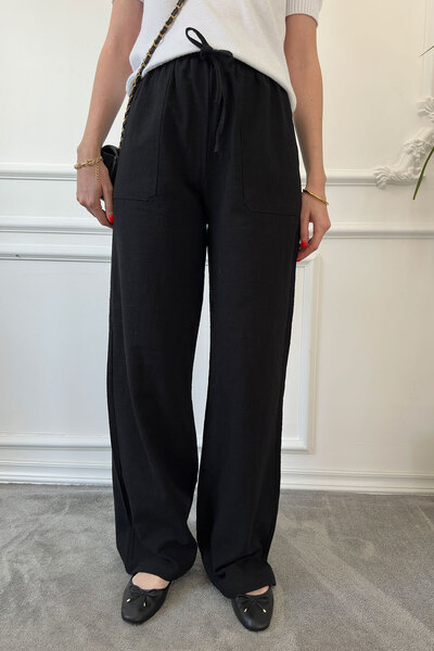 MAGARDE Pantaloni din in cu buzunare duble și croială largă - NEGRU