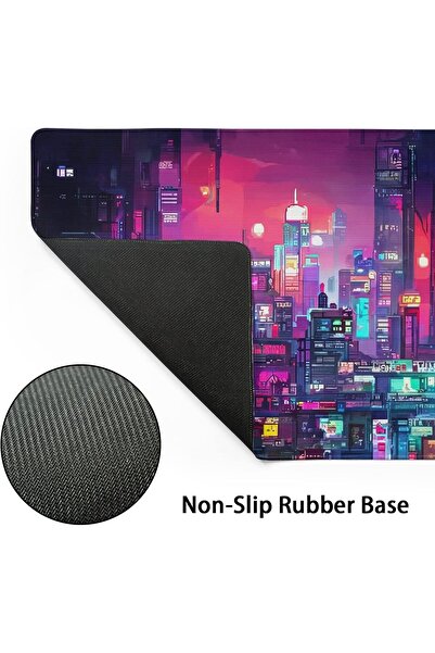 Generic Baport XXL Gaming Mouse Pad - Retro Japanese Anime City, Dark Purple & Red, Non-Slip, Stitched Edges