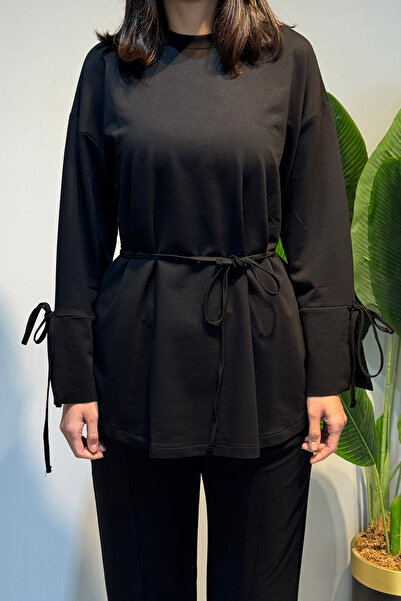 Lale Butik Cuff and Waist Lace Detail Sweat Tunic 3066 Black