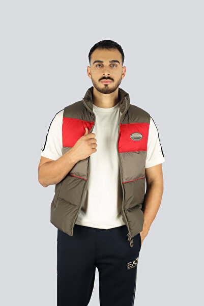 Emporio Armani Men's Mock Neck Colors Geish Pattern Inflatable Sleeveless Black Vest with Pockets Em003270 Af18231-U8120