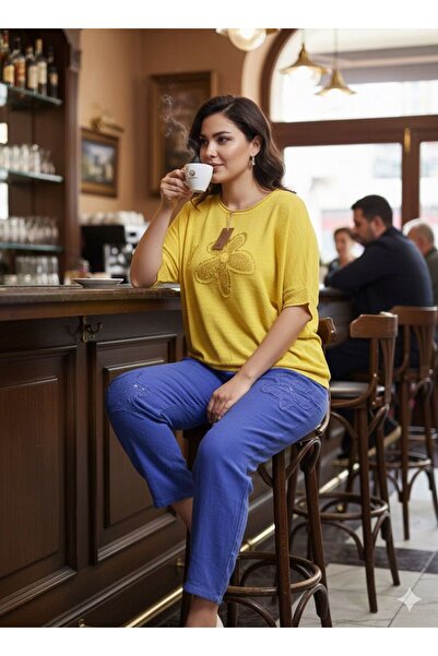 AGORATEKSTİL Women's Daisy and Star Patterned Mesh Detailed Short Sleeve Linen Combination (Blouse and Pants)