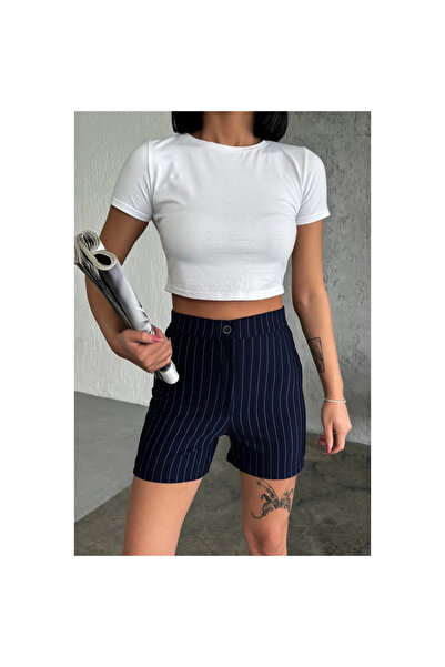 byhodi High Waist Crepe Flexible Grass Striped Shorts Offering Elegance and Elegance Together Navy Blue