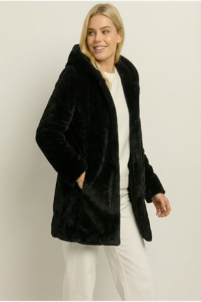 Sibel Günay Butik Women's Hooded Plush Black Coat |   Lined – with Pockets – ...