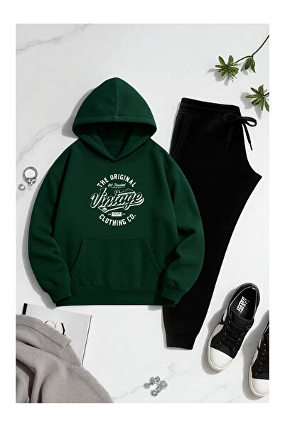 ANUSHKA Unisex Vintage Printed 3 Thread Ş Fleece-Lined K Hooded Tracksuit Set