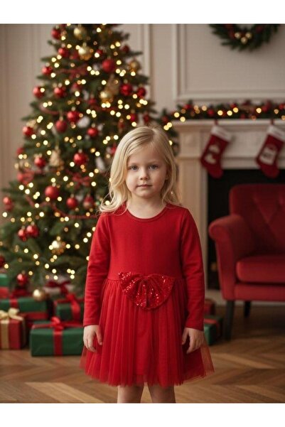 Zekids Rochie tutu roșie pentru fetiță, din bumbac, cu paiete și detaliu de fundă