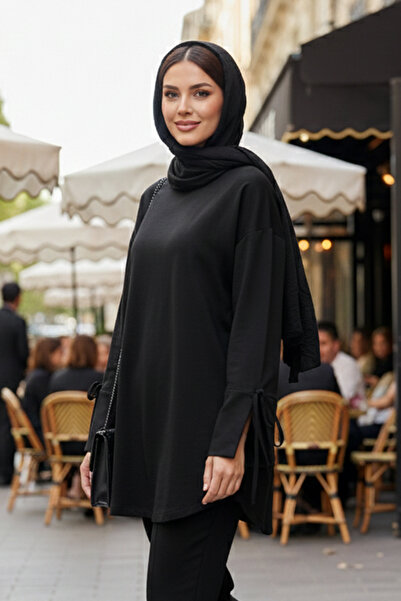 Lale Butik Cuff and Waist Lace Detail Sweat Tunic 3066 Black