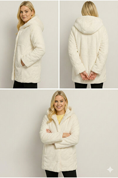 Sibel Günay Butik Women's Hooded Plush Ecru Coat | Lined – with Pockets – Snap Closure