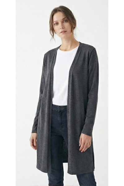 Look Forward Women's Anthracite Long Slit Basic Cardigan