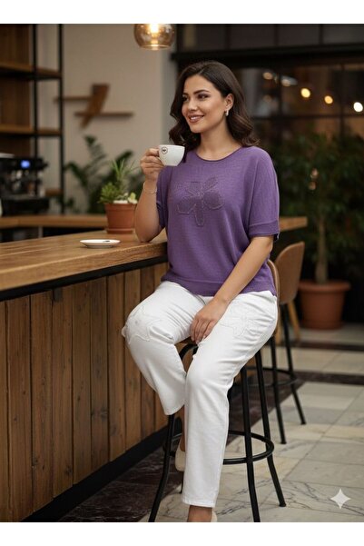 AGORATEKSTİL Women's Daisy and Star Patterned Mesh Detailed Short Sleeve Linen Combination (Blouse and Pants)