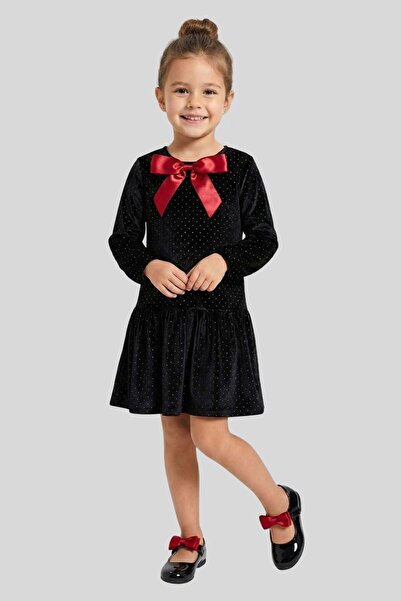 ww waka waka kids store Girl's Black Velvet Dress with Red Bow Stone Printed New Year's and Party Outfit
