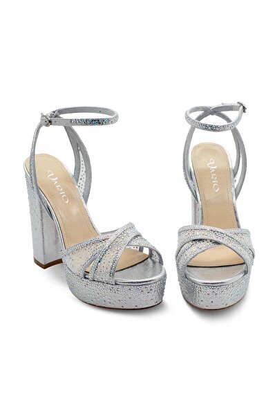 Vario Stone Detailed Platform Heeled Ankle Strap Shoes Z556 Silver Satin White + Crystal