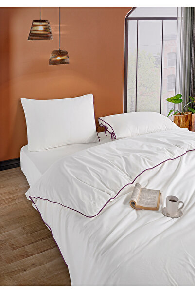 Monolisse Elite Piped 100% Cotton Duvet Cover Set Single Ecru Purple 160X220Cm