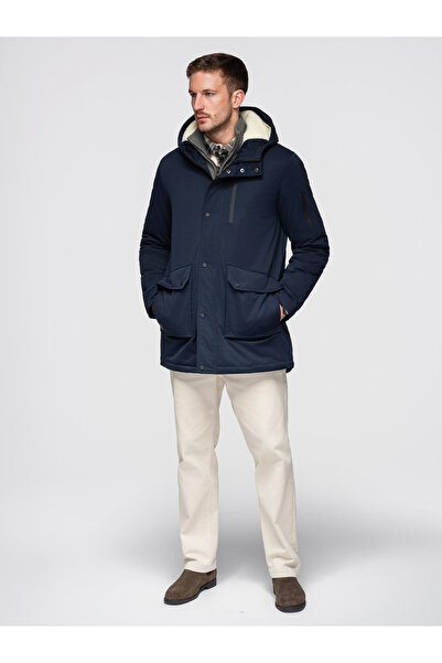 OMBRE Μακρύ Ανδρικό Πάρκα με Γούνινη Επένδυση - Μπλε Ναυτικό OM-JAPJ-0316