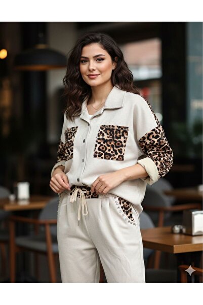 AGORATEKSTİL Women's Original Italian Stone Leopard Detailed Suede Suit (Shirt and Pants)