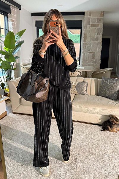 My Loore Women's Black Stone Detailed Premium Double Bottom Top Set Mlb108