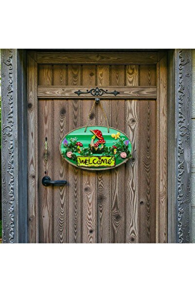 Mixperi Διακόσμηση εισόδου πόρτας: Ξύλινο στολίδι με το κείμενο «Welcome» με πράσινο, μανιτάρια και λουλούδια