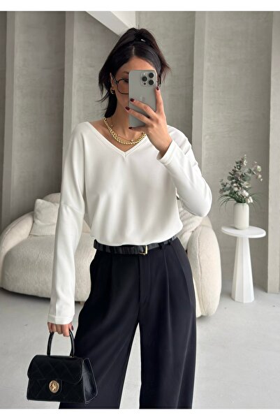 BEJNA Women's V-Neck Backless Soft Modal Textured Flowy Blouse