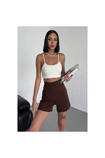 byhodi High Waist Stretchy Lycra Crepe Shorts Offering Style and Comfort Together Brown