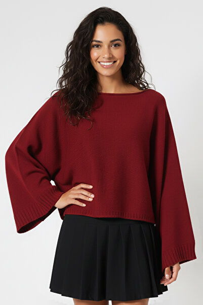 Devinka Women's Burgundy Batwing Sleeve Soft Texture Boat Neck Knitwear Sweater