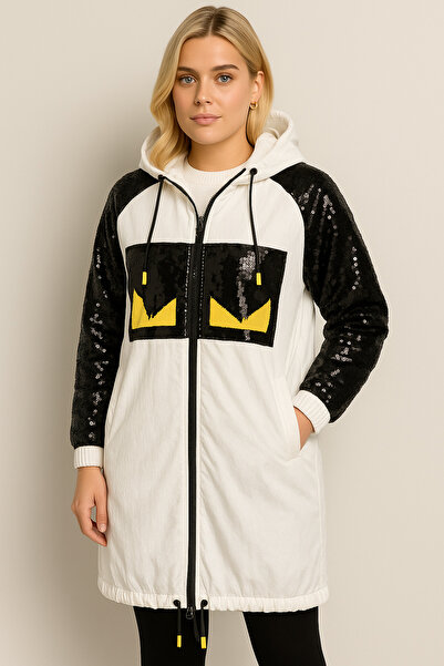 Sibel Günay Butik Women's Hooded Sequin Parachute Fabric Zippered White Jacket |   Combed Cotton Lined