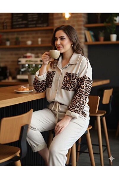 AGORATEKSTİL Women's Original Italian Stone Leopard Detailed Suede Suit (Shirt and Pants)