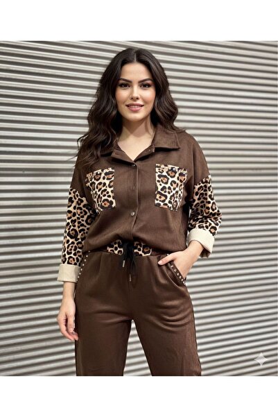 AGORATEKSTİL Women's Original Italian Stone Leopard Detailed Suede Suit (Shirt and Pants)