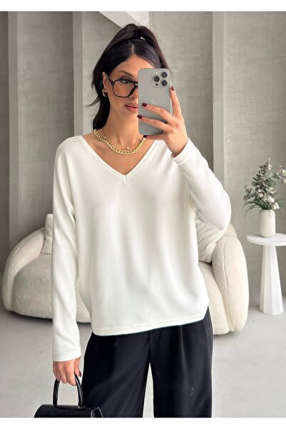 BEJNA Women's V-Neck Backless Soft Modal Textured Flowy Blouse