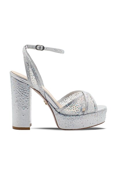 Vario Stone Detailed Platform Heeled Ankle Strap Shoes Z556 Silver Satin White + Crystal