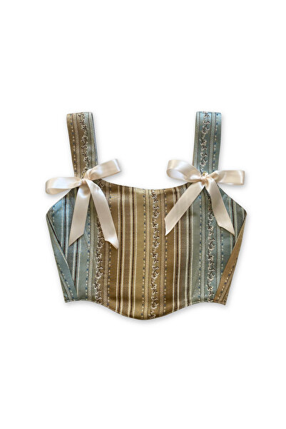 L'Aura Corset Mavi Altın Şerit Desenli Korse