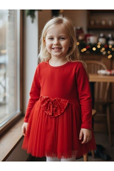 Zekids Rochie tutu roșie pentru fetiță, din bumbac, cu paiete și detaliu de fundă