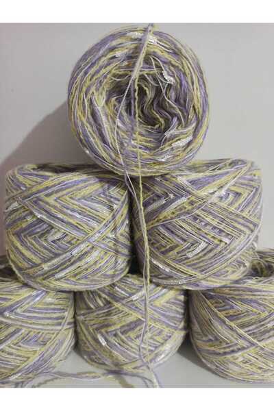 İPEK YÜN İPLİK DÜNYASI خيط صوف أكريليك للحياكة (أصفر، أرجواني) مع شريط لامع على شكل فراشة (أبيض) مزيج 100 جرام