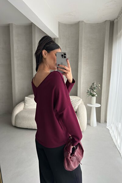 BEJNA Women's V-Neck Backless Soft Modal Textured Flowy Blouse