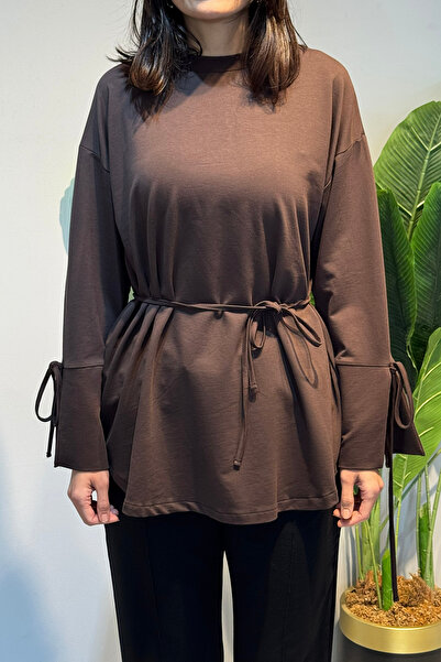 Lale Butik Sweat Tunic with Cuff and Waist Tie Detail 3066 Brown