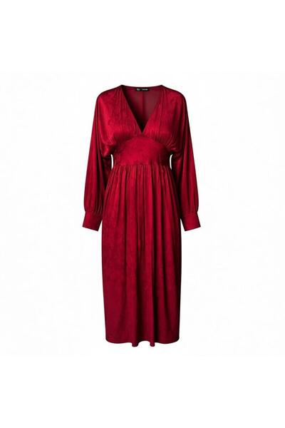 Eight Fashion Women's Satin Jacquard Burgundy Belted Stylish Midi Length Dress