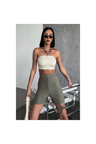 byhodi High Waist Crepe Stretchy Striped Shorts Khaki That Offers Elegance and Elegance Together