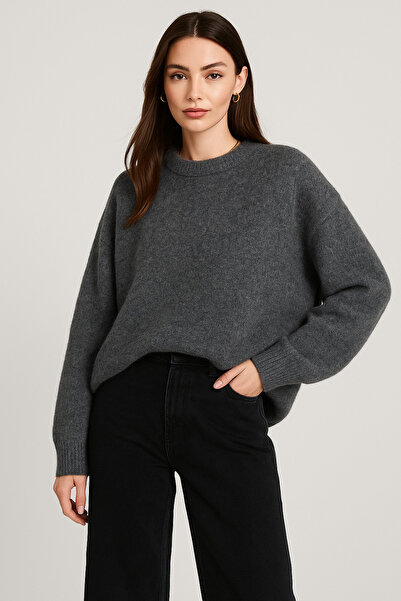 Rich Women's Anthracite Soft Textured Basic Long Sleeve Knit Sweater