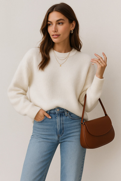 Rich Women's White Soft Textured Basic Long Sleeve Knit Sweater