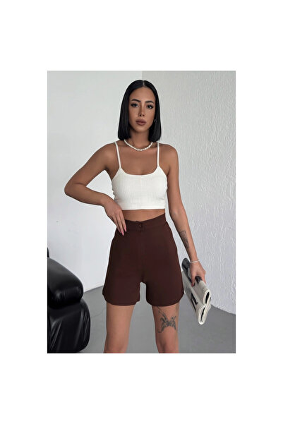 byhodi High Waist Stretchy Lycra Crepe Shorts Offering Style and Comfort Together Brown