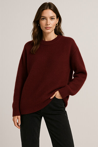 Rich Women's Burgundy Soft Textured Basic Long Sleeve Knitwear Sweater