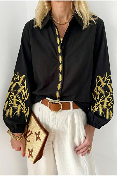 FEMELLE Women's Black Elasticated Cuffs Hidden Button Balloon Sleeve Embroidered Cotton Shirt