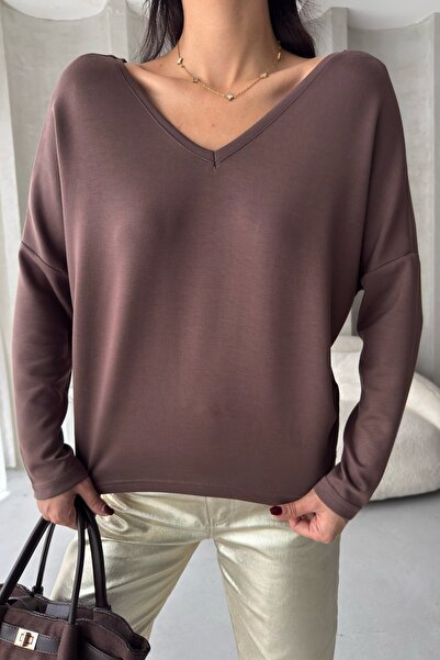 BEJNA Women's V-Neck Backless Soft Modal Textured Flowy Blouse