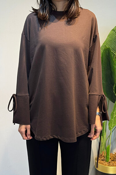 Lale Butik Sweat Tunic with Cuff and Waist Tie Detail 3066 Brown