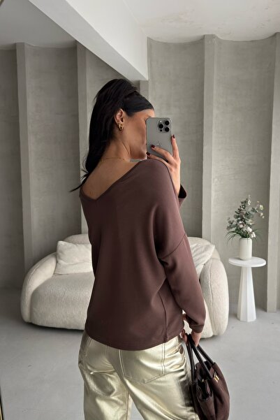 BEJNA Women's V-Neck Backless Soft Modal Textured Flowy Blouse