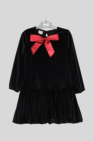 ww waka waka kids store Girl's Black Velvet Dress with Red Bow Stone Printed New Year's and Party Outfit