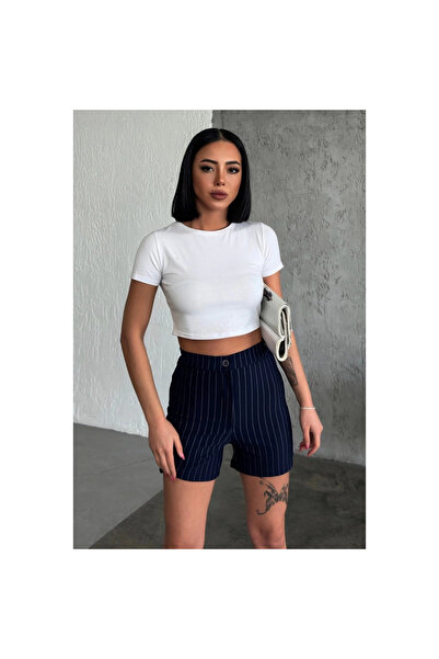 byhodi High Waist Crepe Flexible Grass Striped Shorts Offering Elegance and Elegance Together Navy Blue