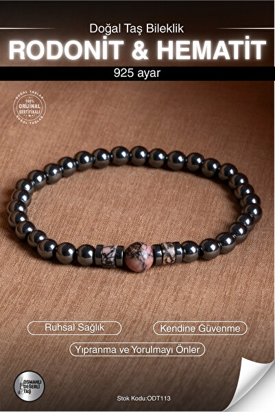 OSMANLI DEĞERLİ TAŞ Certified Rodonite & Hematite Natural Stone Bracelet Odt113